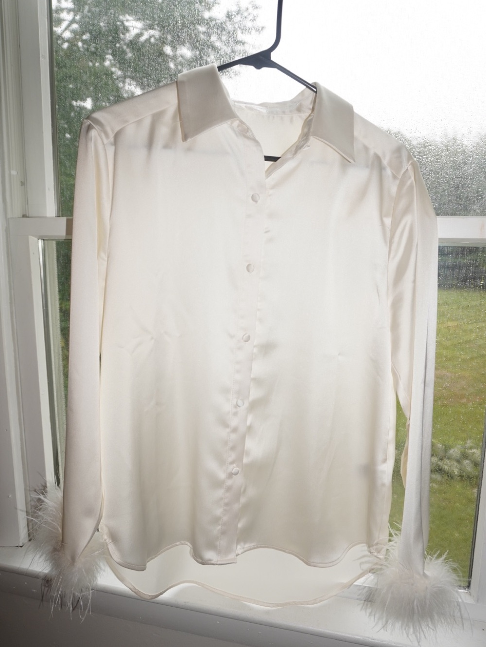 T.J.Maxx Cream Satin Button-Up Blouse with Feather Cuffs
